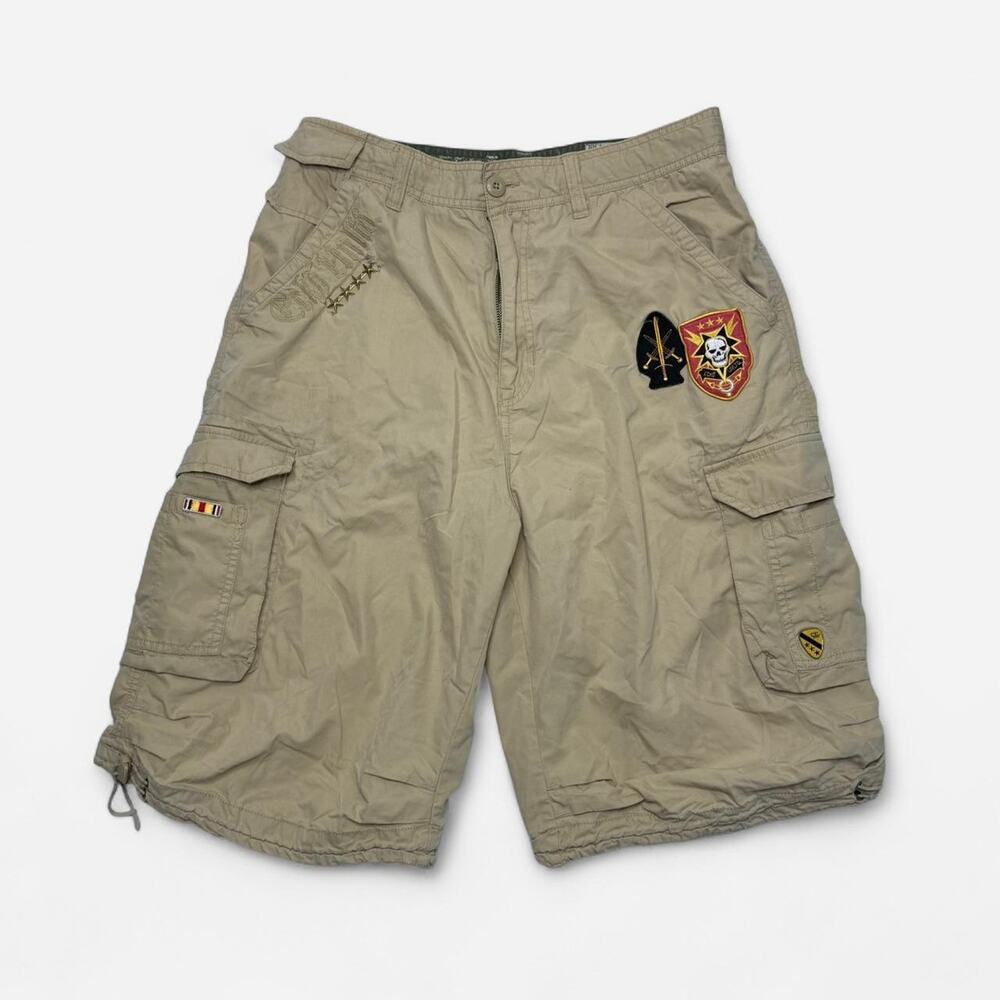 Southpole Y2K Cargo Shorts Tan Embroidered Patches Streetwear Size 32